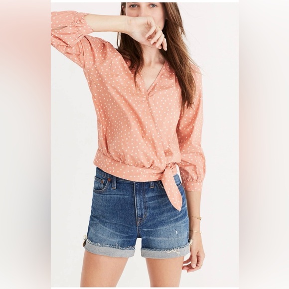 Madewell Tops - MADEWELL PEACH STAR PRINTED WRAP TIE BLOUSE TOP SIZE Medium